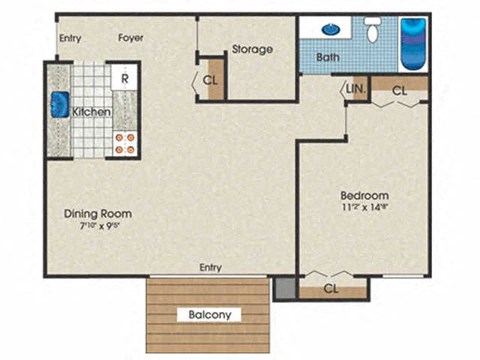 Floor plan for 1 bed, 1 bath, 726 sqft